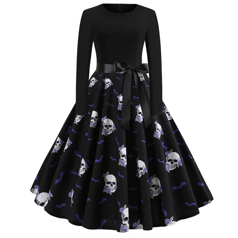 Halloween Dress Summer 2019 New Cartoon Skull Pumpkin Print Long Sleeve Nightmare Before Christmas Robe Vintage Dresses Pinup | Женская