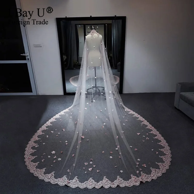 Розовая цветочная 3d-накидка для невесты длинная фата с бусинами мантилла цвета