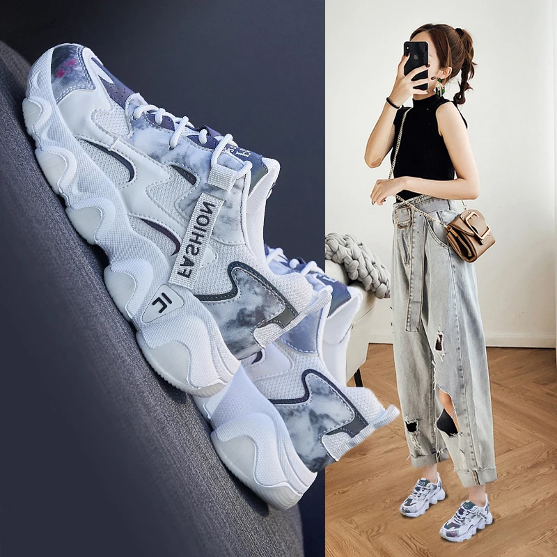 

Women's Sneakers 2022 High Quality Four Seasons Mesh Breathable Lace-up Fashion Casual Thick-soled Non-slip Luminous Old Shoes