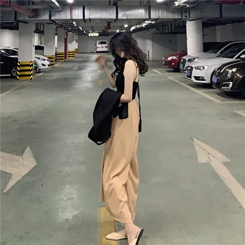 

2 Pieces Sets Summer Black Condole Belt Tops Bandage Bodycon Khaki Wide Leg Pants Sexy Party Casual Ladies Womens Dress Clothes