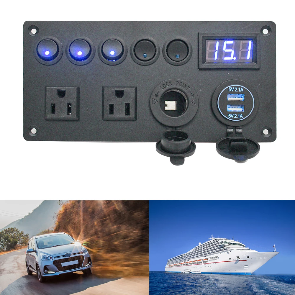 

12V/24V Car Switch Panel 5 Gang Toggle Switch LED Digital Voltmeter Dual USB Port with US Plug Socket For Car Marine