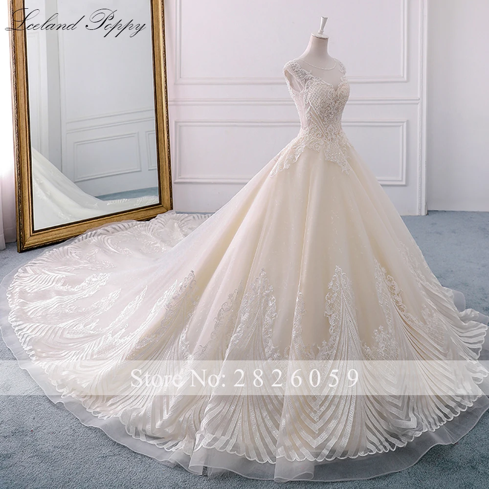Beste Lceland Poppy A-lijn Lace Champagne Trouwjurken 2020 Kapmouwtjes Hals Crystal Kralen Vestido De Novia Bruidsjurken