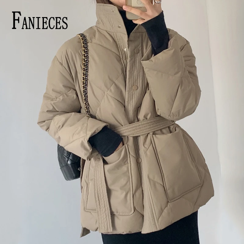 

Пуховые парки FANIECES с поясом на талии, однобортная женская зимняя куртка, пальто с большими карманами, однотонная элегантная хлопковая верхн...