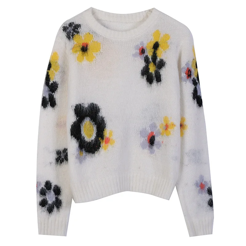 

sweter women Pullover Sweater Long Sleeve Thin O-Neck Floral Loose Mohair Sweaters Fashion Ladies Jumper Winter Sweater Women