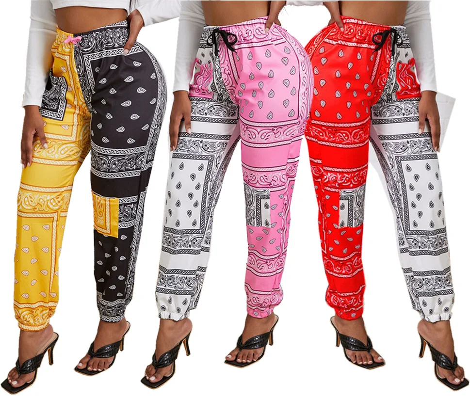 

Fashion Bandanna Paisley Contrast Women's Pants 2021 Autumn Urban Streetwear Double Pockets Positioning Printing Trousers
