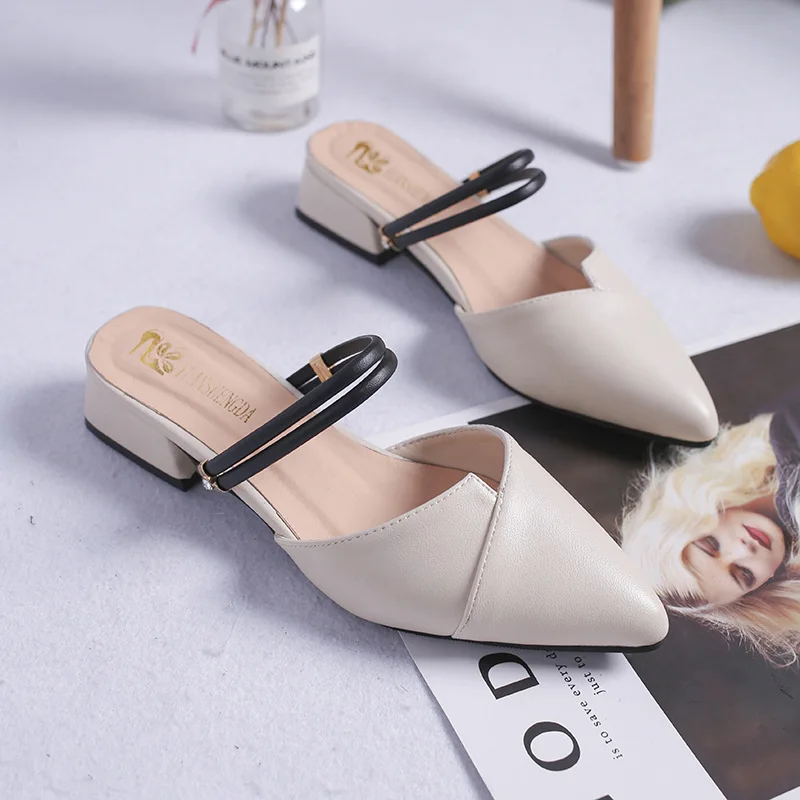 

Women Mules Slipper Pointed Toe Block Strap Closed Shallow High Heels Shoes Sandals Black Beige Square heel Pumps yuj7