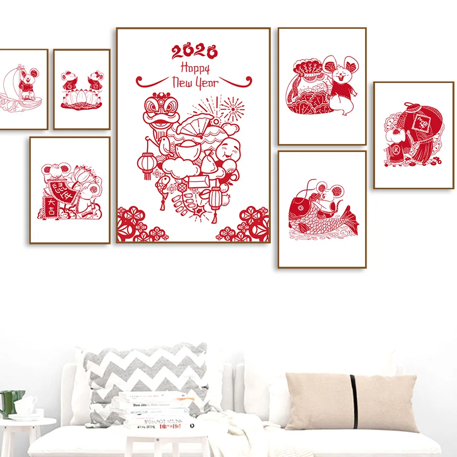 Красная мышь нарезка бумаги фонарь карп настенная живопись на холсте