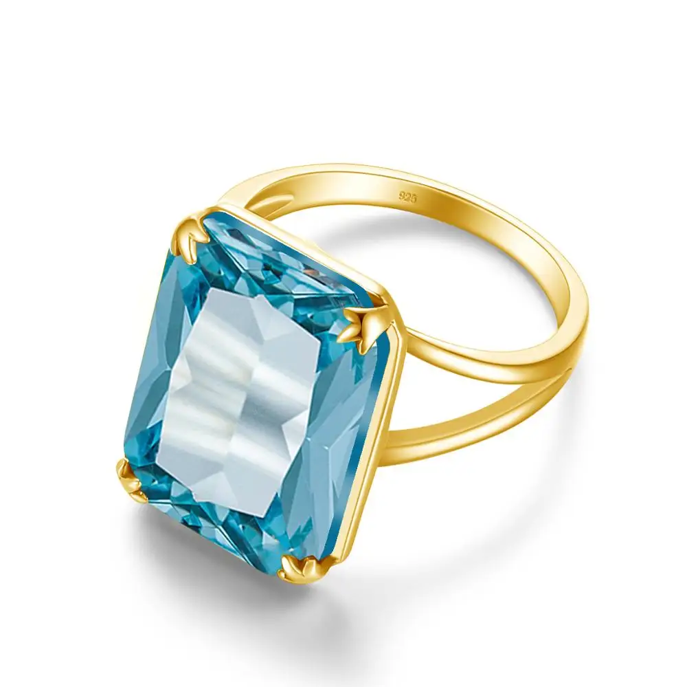 100% Genuine Silver 925 Rings With 14K Gold Ring Sky Blue Aquamarine Handmade Carve Rectangle Gemstone Fine Jewelry For Women | Украшения и