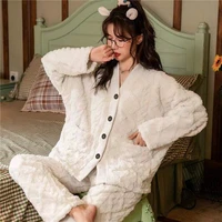 winter warm flannel pajamas set thicken 2 piecessets women sleepwear long sleeve trousers homewear coral fleece nightwear