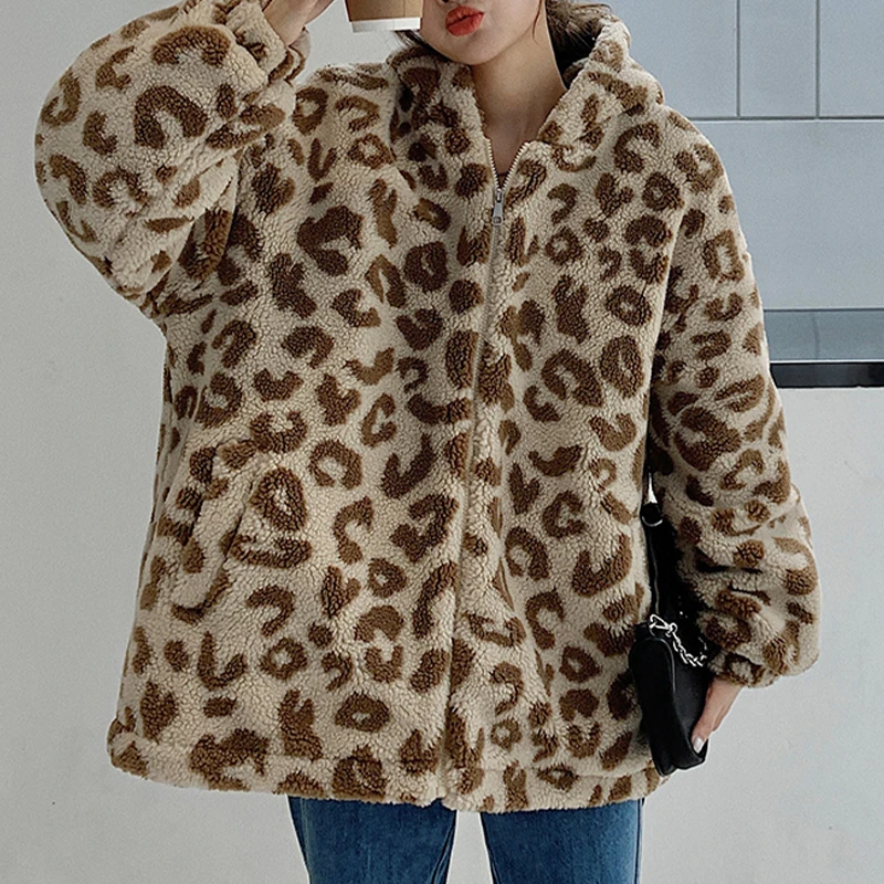 

Женское винтажное пальто с капюшоном, повседневное Свободное пальто из искусственного меха овечьей шерсти с леопардовым принтом, Модные Те...