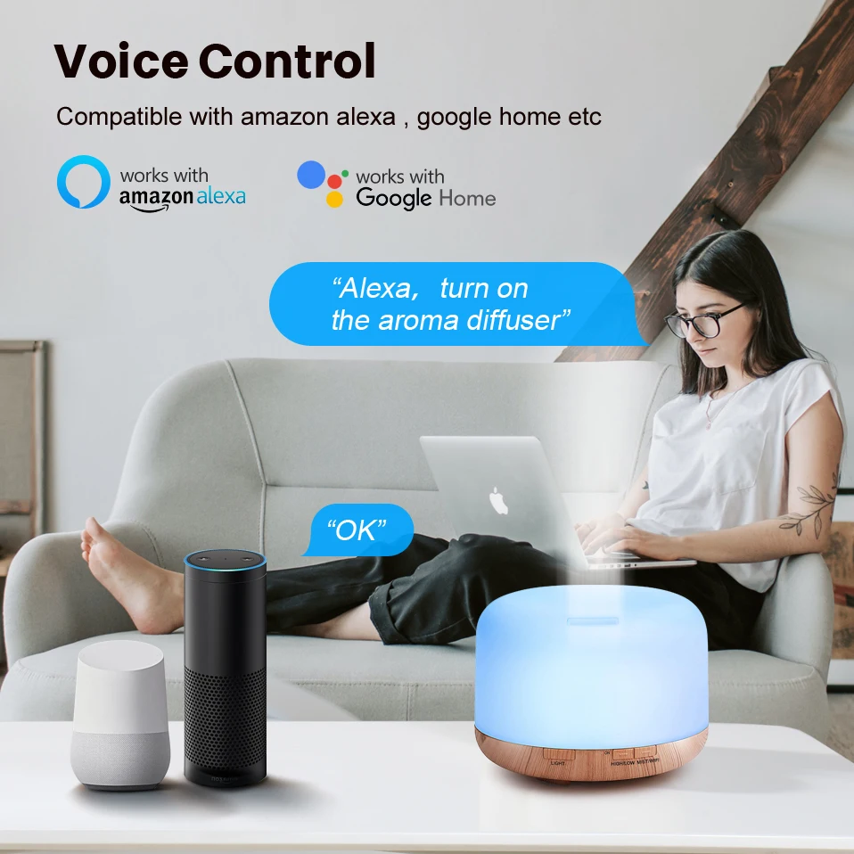 AVATTO Tuya WiFi Smart Humidifier Essential Aroma Oil Diffuser Ultrasonic 500ml Wood Grain Air Mist Maker LED Light | Электроника