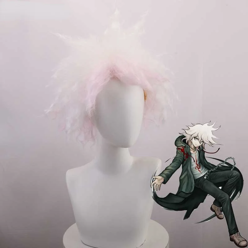 

Danganronpa Dangan Ronpa Nagito Komaeda Cosplay Wig Short Gradient White Pink Curly Heat Resistant Synthetic Hair Wig + Wig Cap