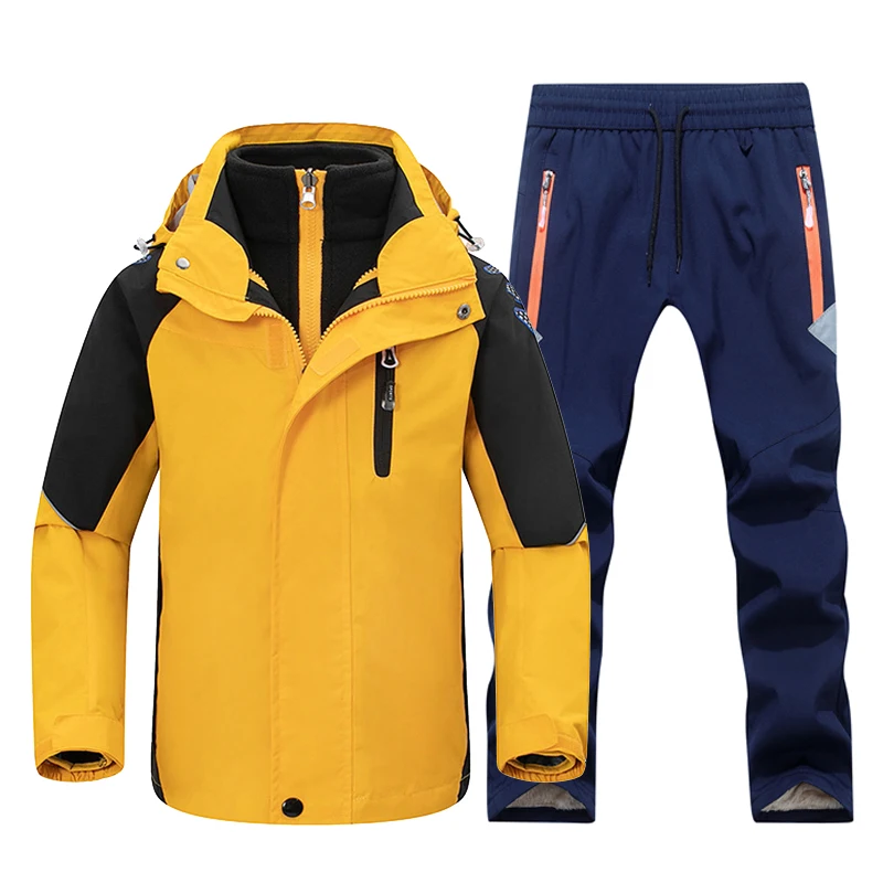 yellow navy TRVLWEGO/детский походный костюм, детская Водонепроницаемая теплая походная куртка и штаны для мальчиков и девочек, зимняя Лыжная и туристическая одежда - Цвет: yellow navy