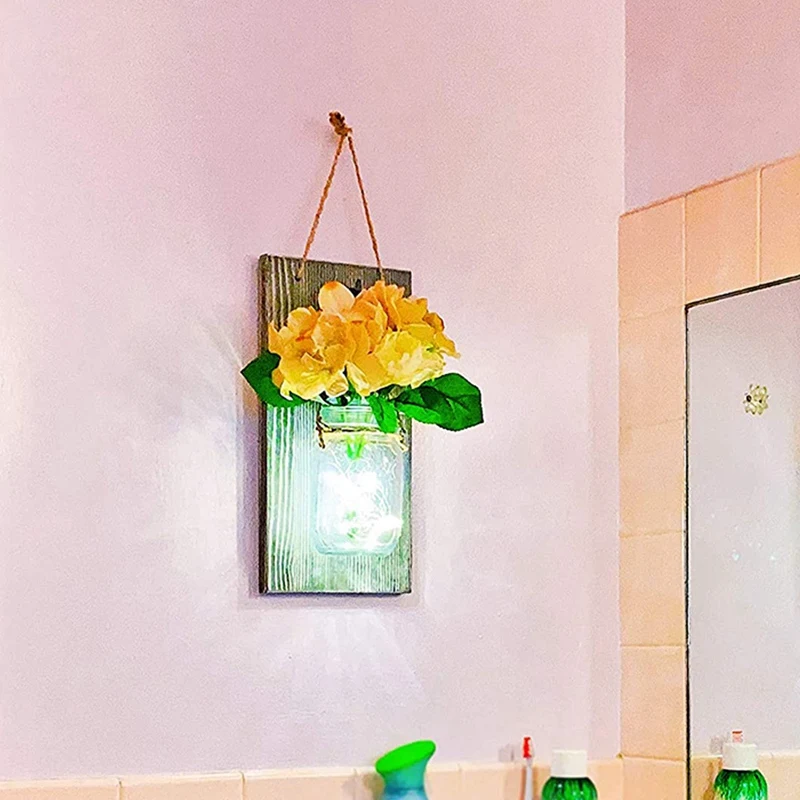 

Mason Jar Wall Decor,Country Decor for Home,Rustic Wall Art Decor,with Remote,Rose Flowers&LED Lights,Set of 2