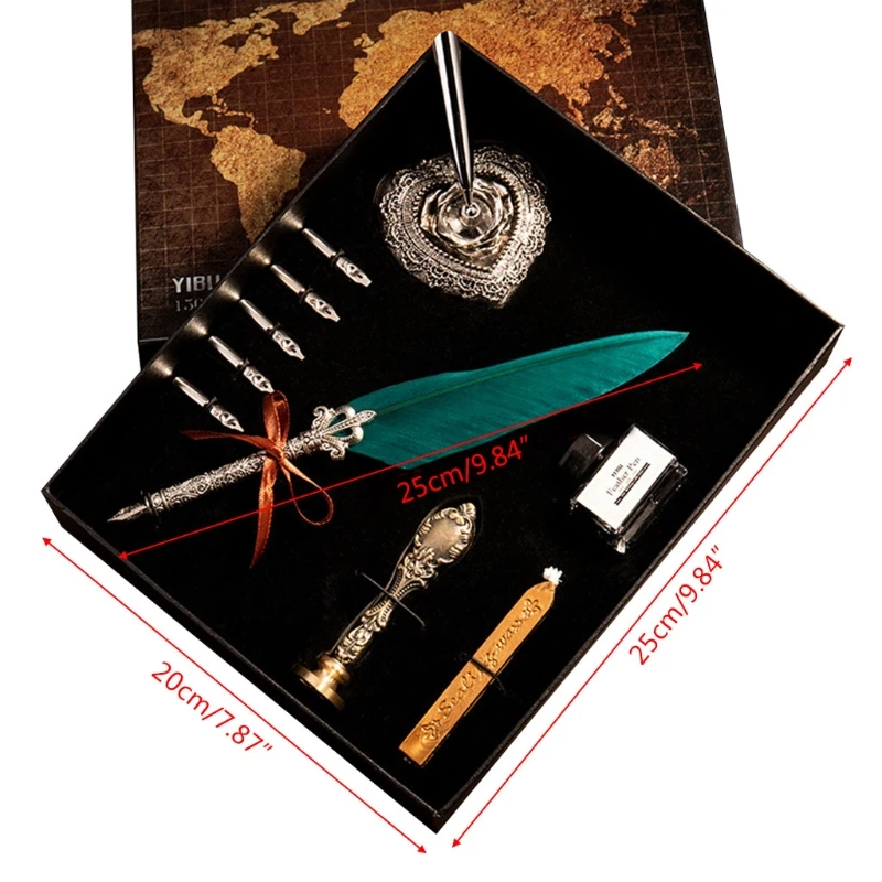 

Vintage Quill Feather Dip Pen Fountain Writing Ink 5 Nibs Heart Holder Gift Box Calligraphy Stationery