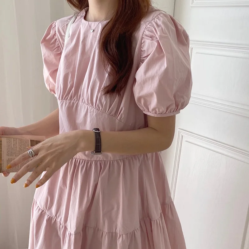 

2021 Summer Women Long Dress Puff Sleeve Loose Style Women Pure Color Short Sleeve Pink White