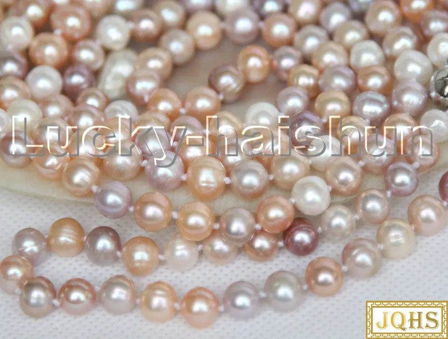 

Long luster Selectable Length 9mm round white pink purple MIX pearls necklace magnet clasp c145