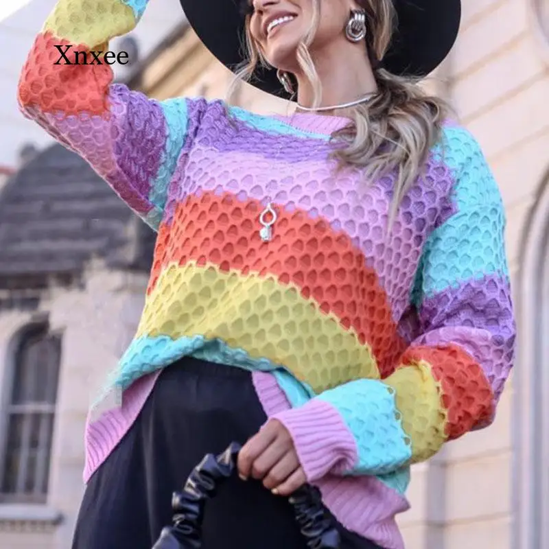 Женский трикотажный пуловер в полоску Свободный с круглым вырезом и длинным