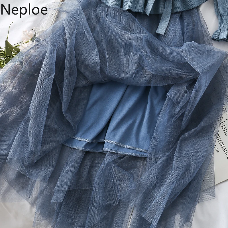 Женское платье Neploe,, Осень-зима, комплект из 2 предметов,, на шнуровке, с бантом, v-образный вырез, свитер+ высокая талия, сетка, Лоскутная юбка, элегантная 47115