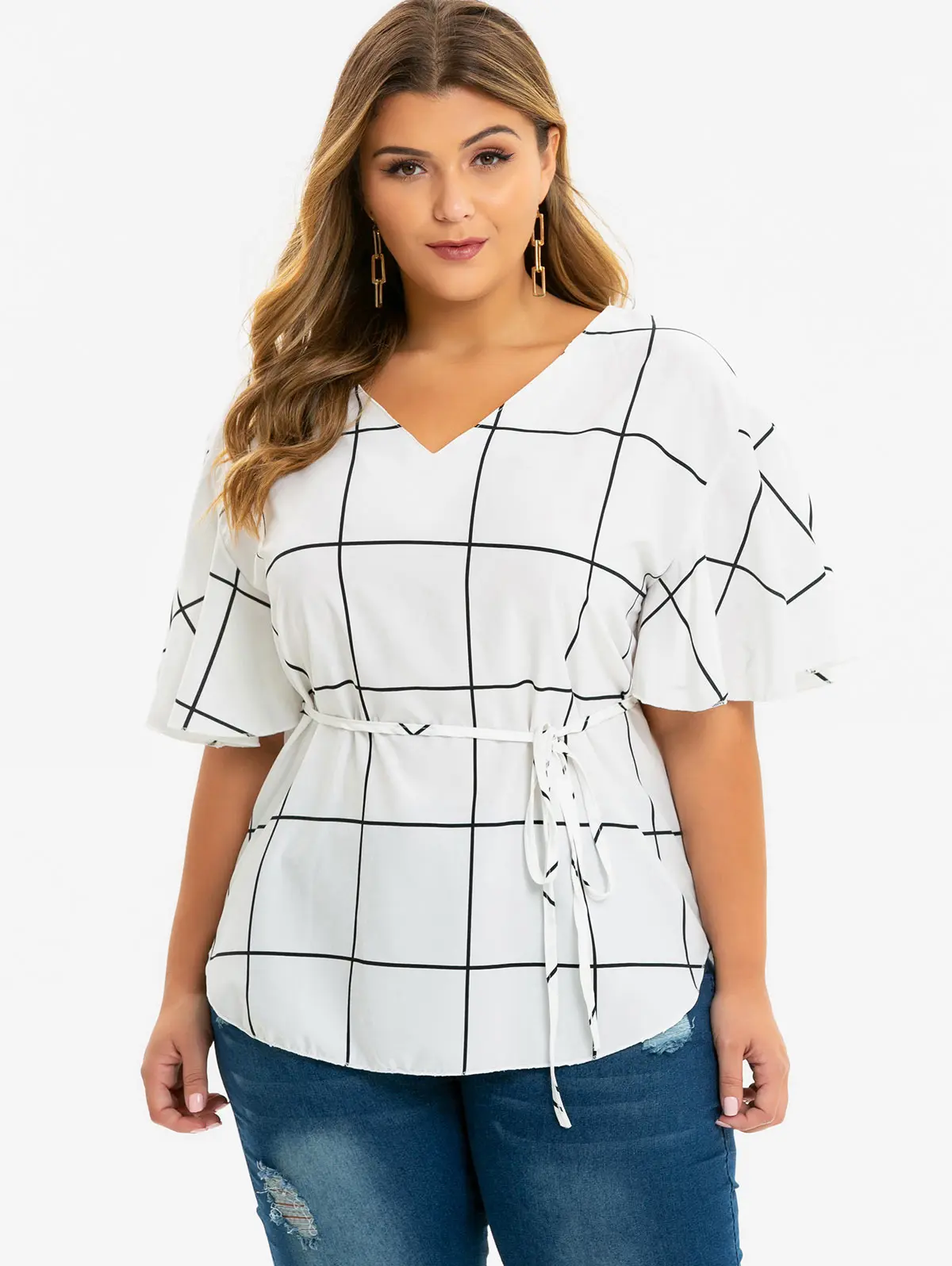 Rosegal топ с поясом блузка рукав воланом элегантные блузки для женщин сетка лето