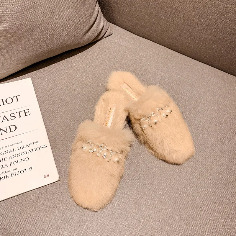 upscale genuine rabbit hair mules sliders flats women winter warm long fur pearl crystal slippers soft bottom non-slip flipflops | Обувь