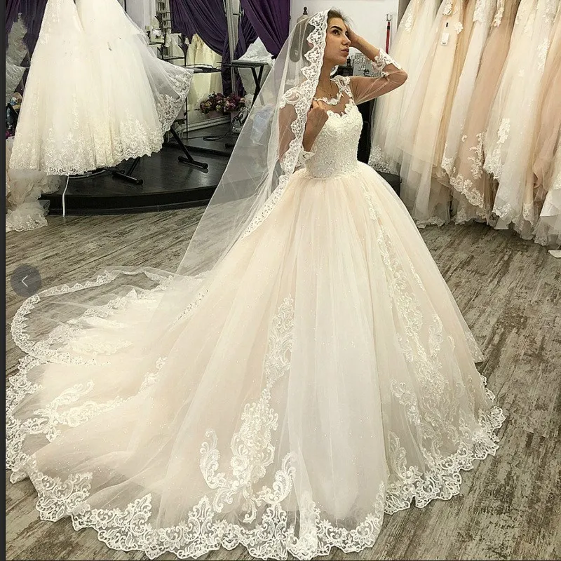 

African Ivory Princess Lace Wedding Dress 2021 Sheer Neck Long Sleeve Back Lace Up With Button Ball Gown Tulle Wedding Gowns