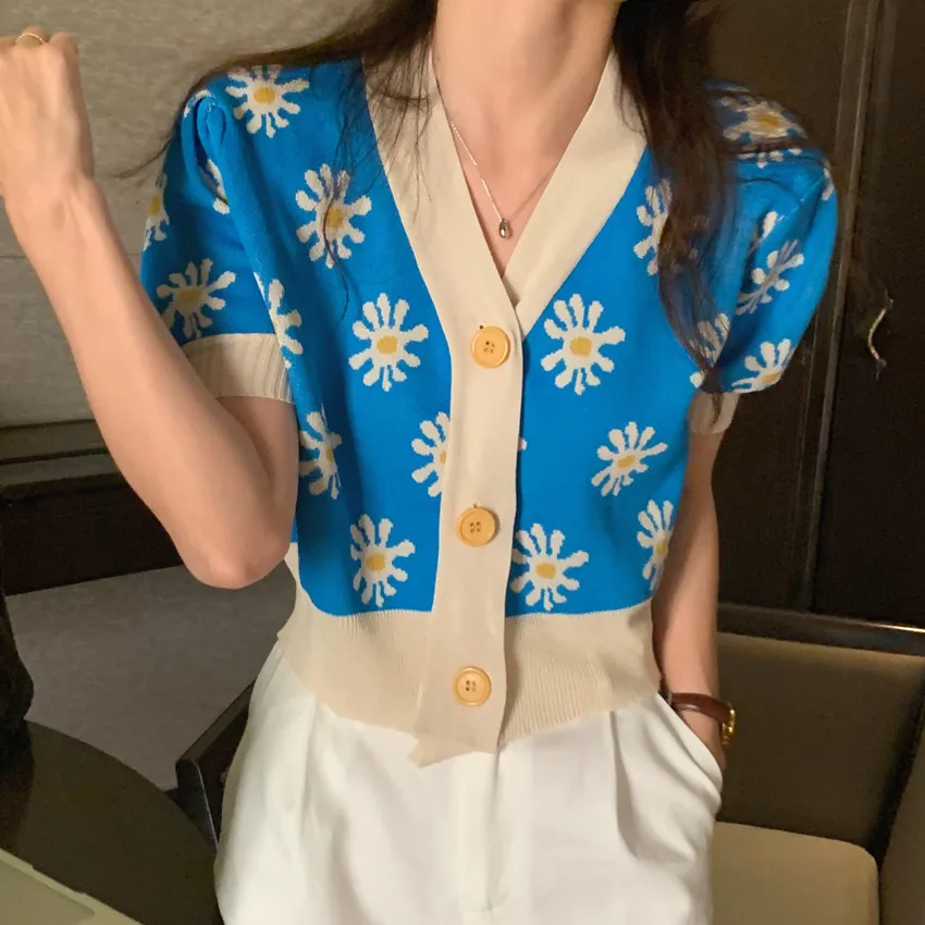 

Vintage Floral Woman Sweater Coat Single Breasted V-Neck Short Sleeve Summer Cardigans Knit Wear Short Thin Sweaters YOU584