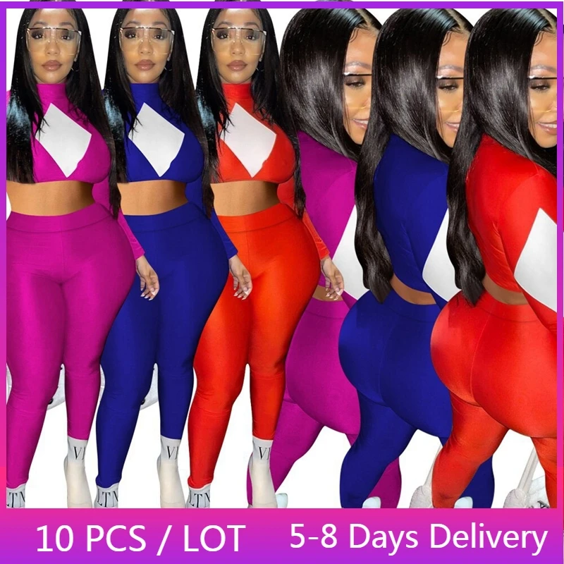 

Крупные товары, оптовая продажа, спортивный костюм, женский спортивный костюм для фитнеса, тренировок, комплект из двух предметов, цветной лоскутный укороченный топ и брюки, облегающие подходящие комплекты