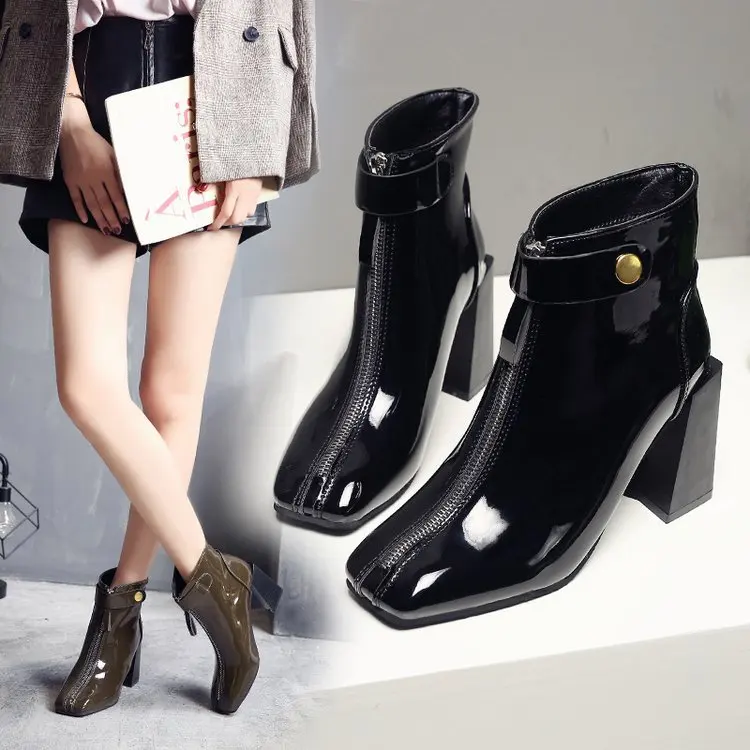 Средней высоты женские ботинки по щиколотку квадратный каблук без шнуровки