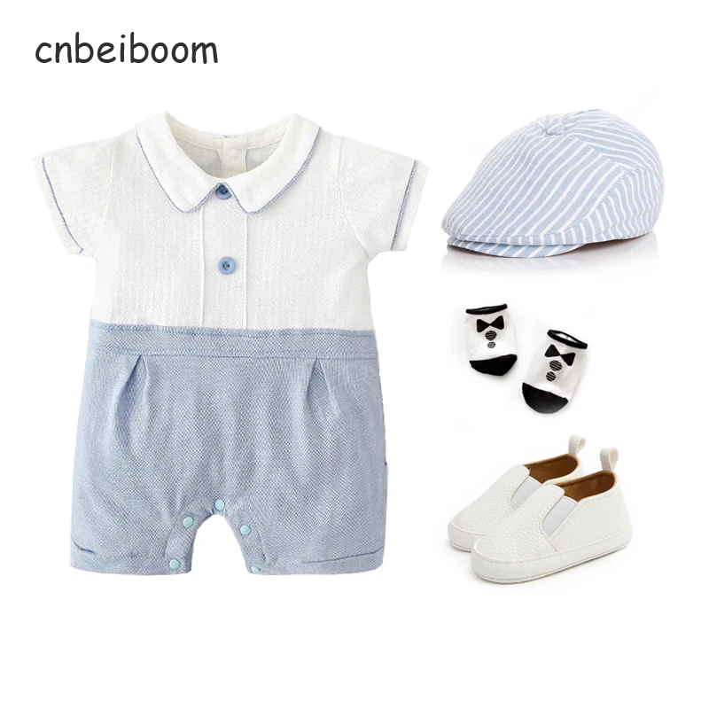 

Cotton Boys Girls Summer Romper Sets Newborn Clothes Set Birthday Dress Infant Outfit Hat + Rompers + Shoes + Socks 4 PCS 0-24M