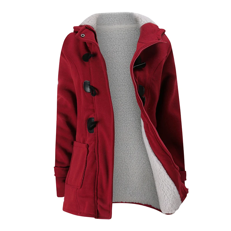 Burgundy ANSELF Parka пальто женское с капюшоном Дафлкот куртка из искусственного меха Подкладка Пряжка молния спереди плюс размер теплая зимняя повседневная верхняя одежда - Цвет: Burgundy
