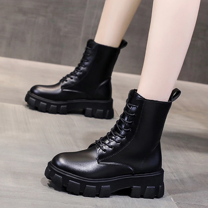 Chunky Platform Ankle Boots for Women 2022 Autumn Winter Warm Plush PU Leather Botas Mujer Thick Sole Lace Up Shoes Woman