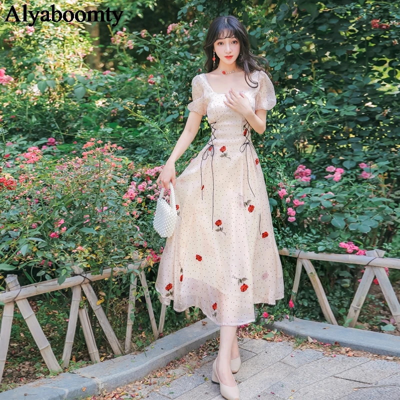 

Summer Women Princess Long Tulle Dress Square Collar Polka Dot Bandage Feminine Dress Floral Embroidery Elegant Mesh Dresses