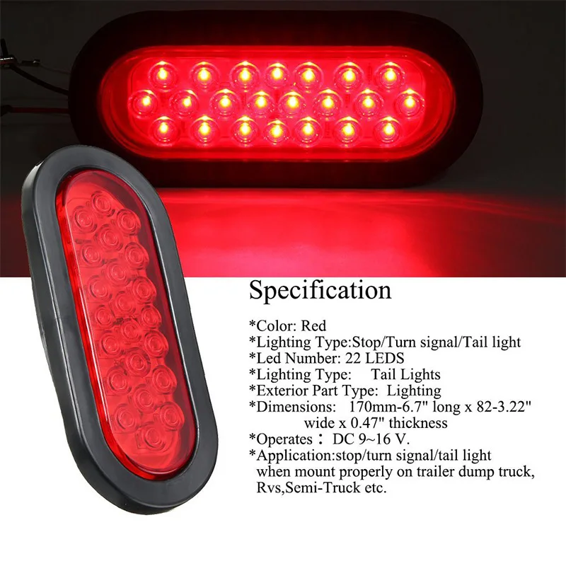 2шт 22 светодиодный Овальный Красный стоп/сигнал