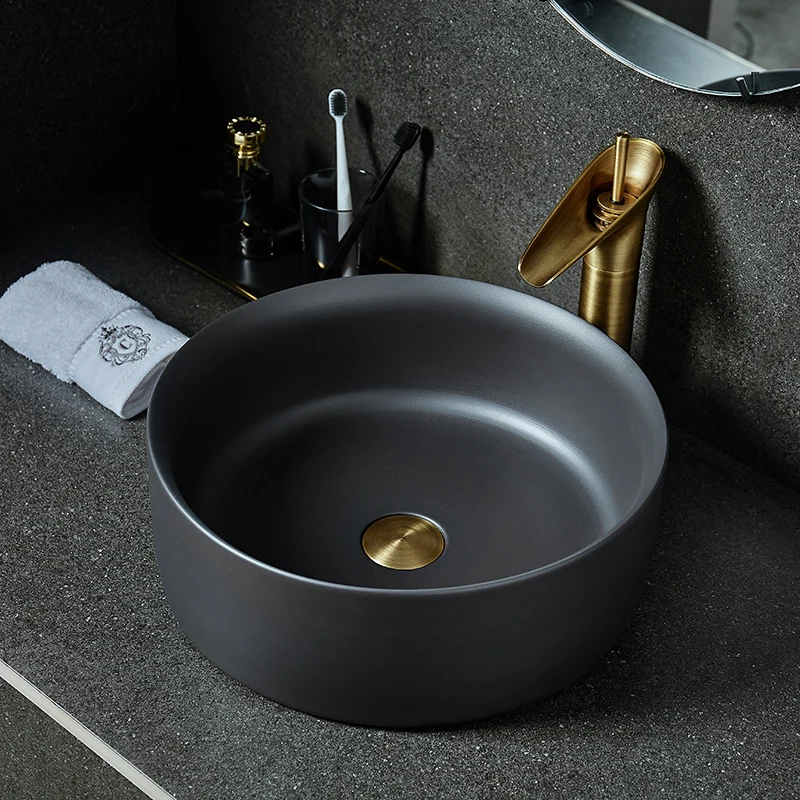 

Black art above counter bonsai Jingdezhen ceramic washbasin, retro washbasin, antique washbasin, round washbasin