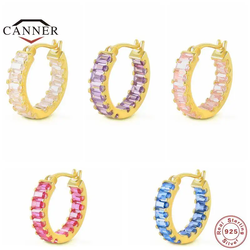 

CANNER 925 Sterling Silver Vintage Rainbow Crystal Diamond Hoop Earrings for Women Piercing Huggie Earings Jewelry Ear Hoops