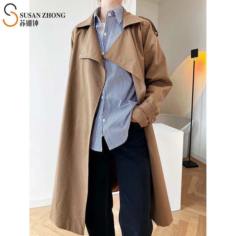 

Women Coat Trench Lady Long Outwear 2021 Spring Elegant Minimalist Office Cotton Notched Collar Raglan Sleeve Cape Pocket Belt