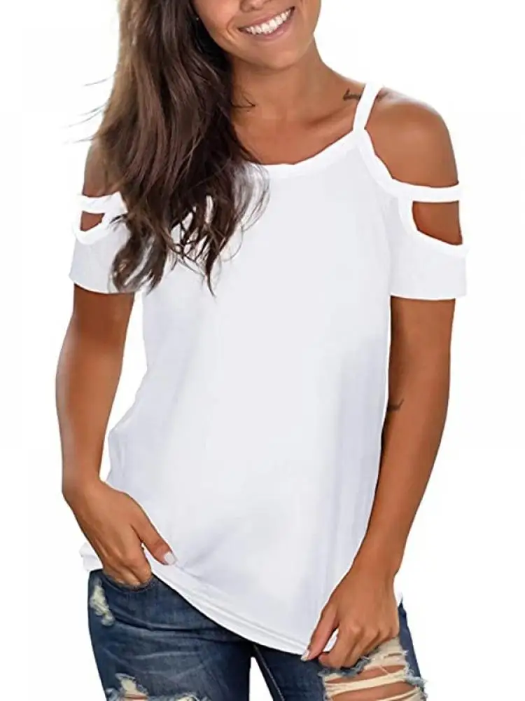 

Casual Shoulders Hollow Loose Women T-shirt Round Neck Short-sleeved Female Summer Tops