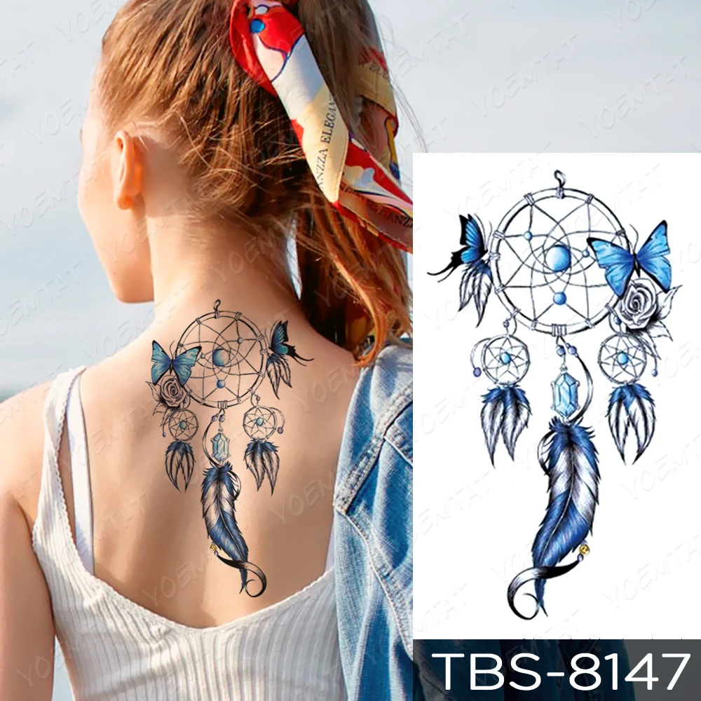 

Waterproof Temporary Tattoo Sticker Blue Purple Flower Totem Flash Tattoos Rose Dreamcatcher Body Art Arm Fake Tatoo Women Men