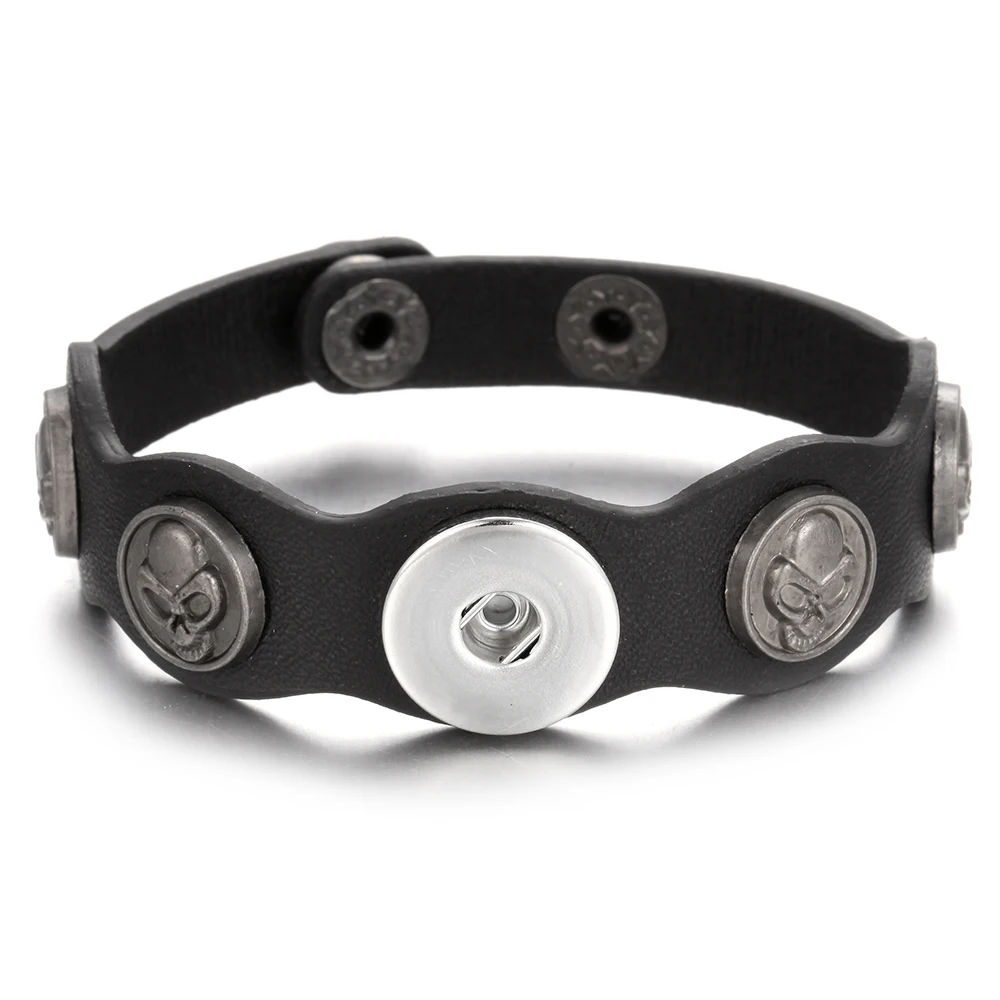 Череп кожаный браслет оснастки Винтаж металлический с кнопкой для Для мужчин Fit 18