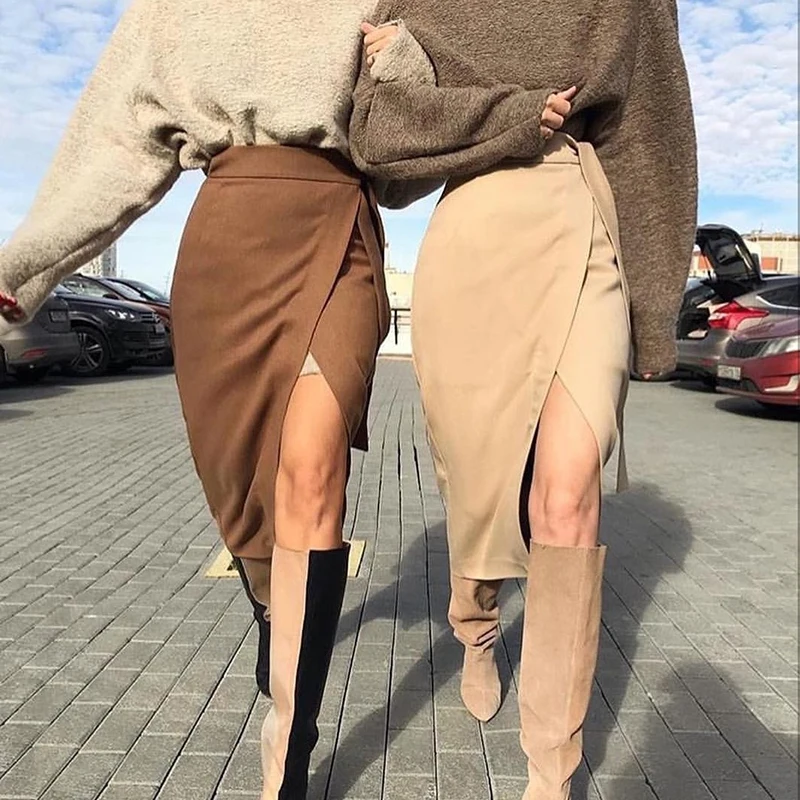 Sexy Elegant Split Hem Skirt Women Office Ladies Mid-culf Suede Long Skirt Women Autumn Winter Lace Up Bandage Skirts Khaki