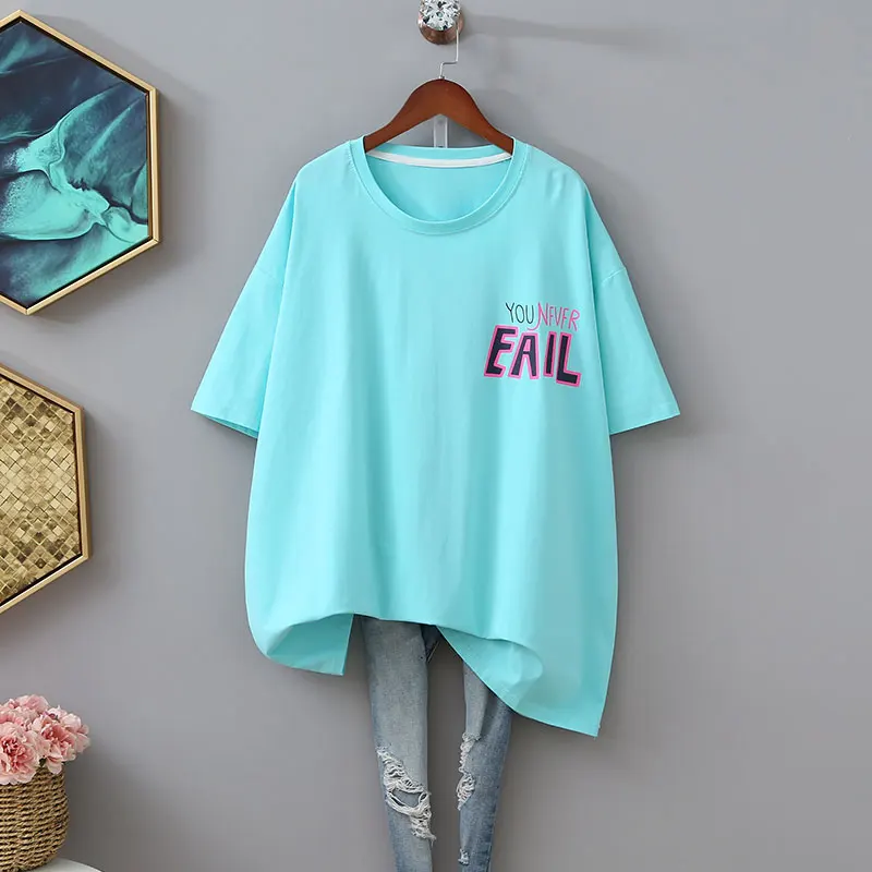 

2021 Summer Mid-Length Plus Size Short Sleeve Ladies T-shirt Korean-Style Loose Printed Round Neck Top Lazy Cotton Fashion Tee