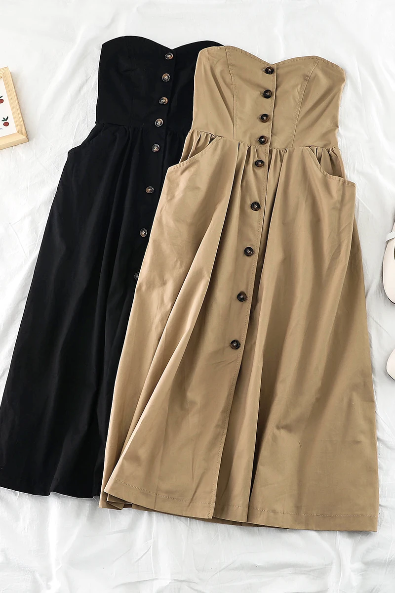 

SuperAen Fashion Sexy Loose Chest Wrapped Waist Single Breasted Solid Medium Long Sleeveless A-Line Dress for Women