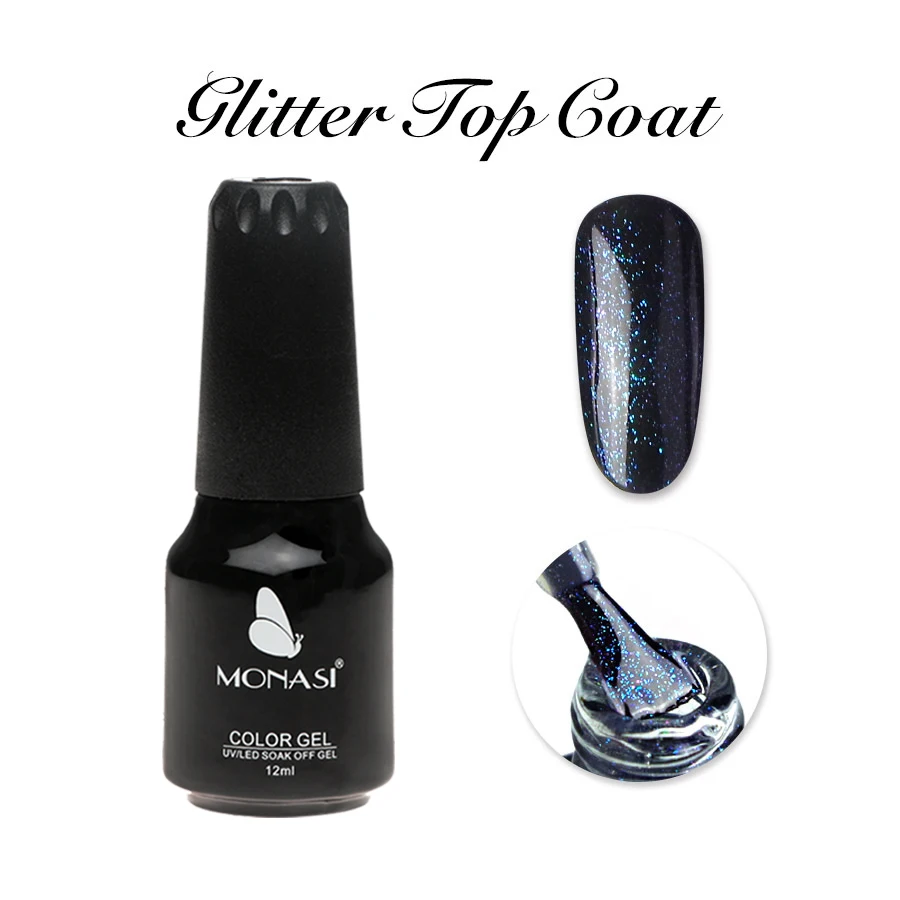 

MONASI 12ml Glitter Shimmer Top Coat UV Nail Polish Gel Transparent Soak Off Long Lasting No Cleaning Top Gel