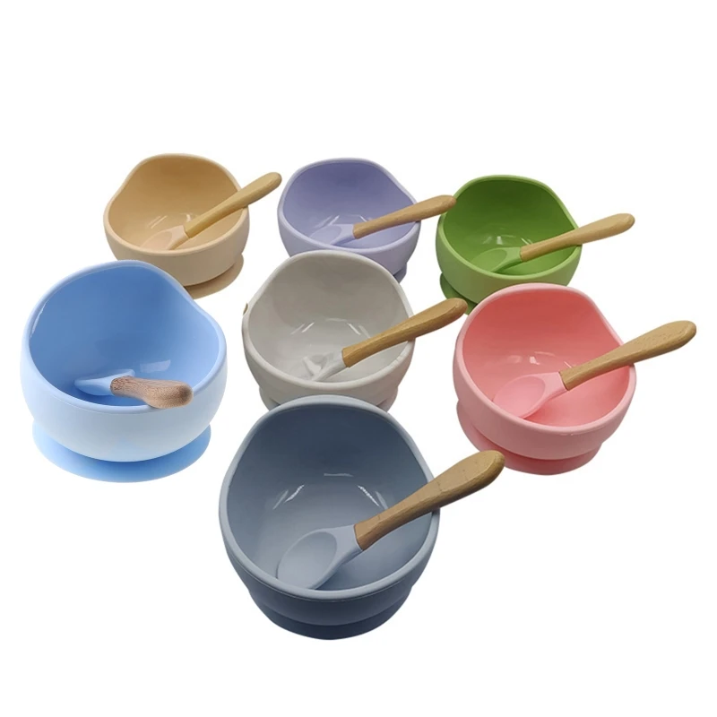 

2 Pcs BPA Free Silicone Waterproof Baby Suction Cup Base Bowl Training Spoon Set L9CD