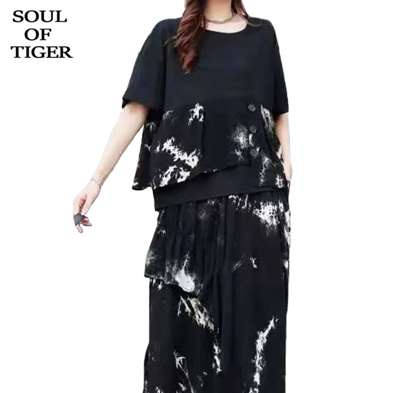 

SOUL OF TIGER Korean Fashion 2021 Women Black Casual Tops And Elegant Ankle-length Skirt Girls Printed Two Pieces Sets Plus Size