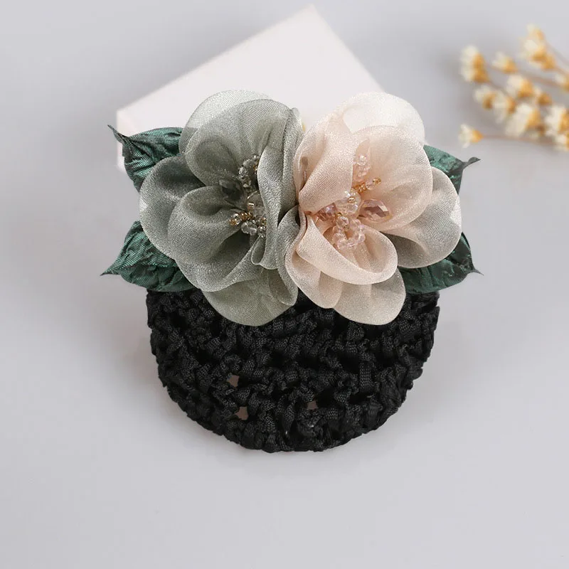 

New Floral Lace Satin Bow Hair Net Barrette Bank Staff Flight Attendant Nurses Satin Hair Clip Net Snood Women Hair Accessories