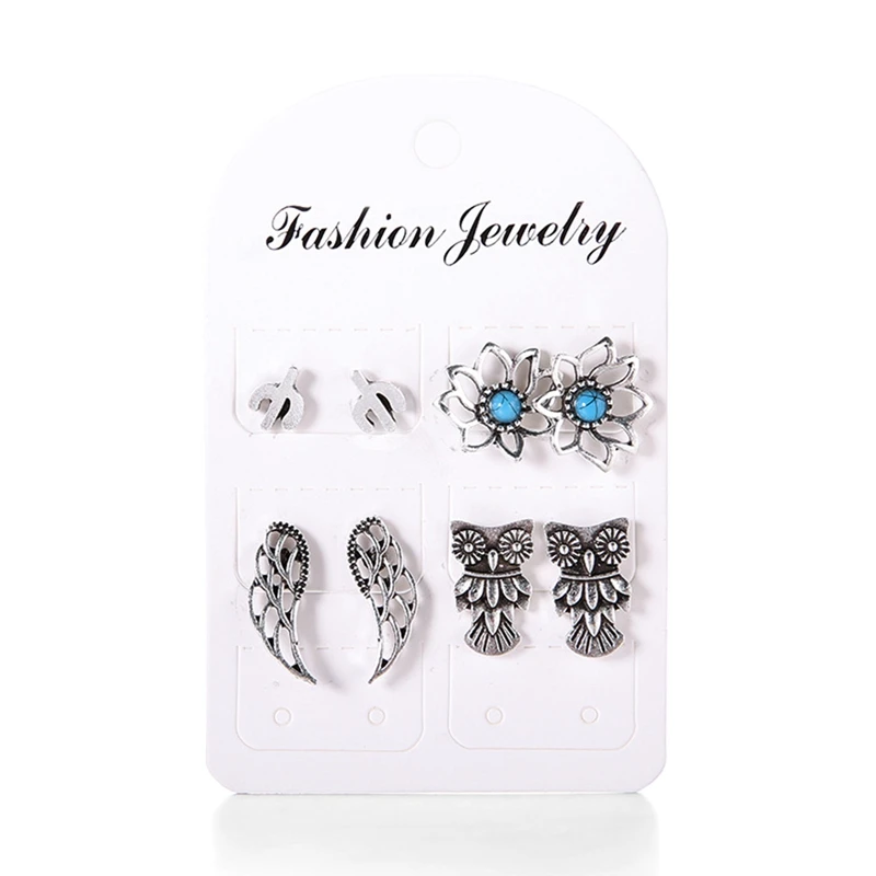

European and American Fashion Popular Alloy Earrings Set 4 Pairs of Turquoise Owl Hollow Wings Cactus Stud Earrings for Women