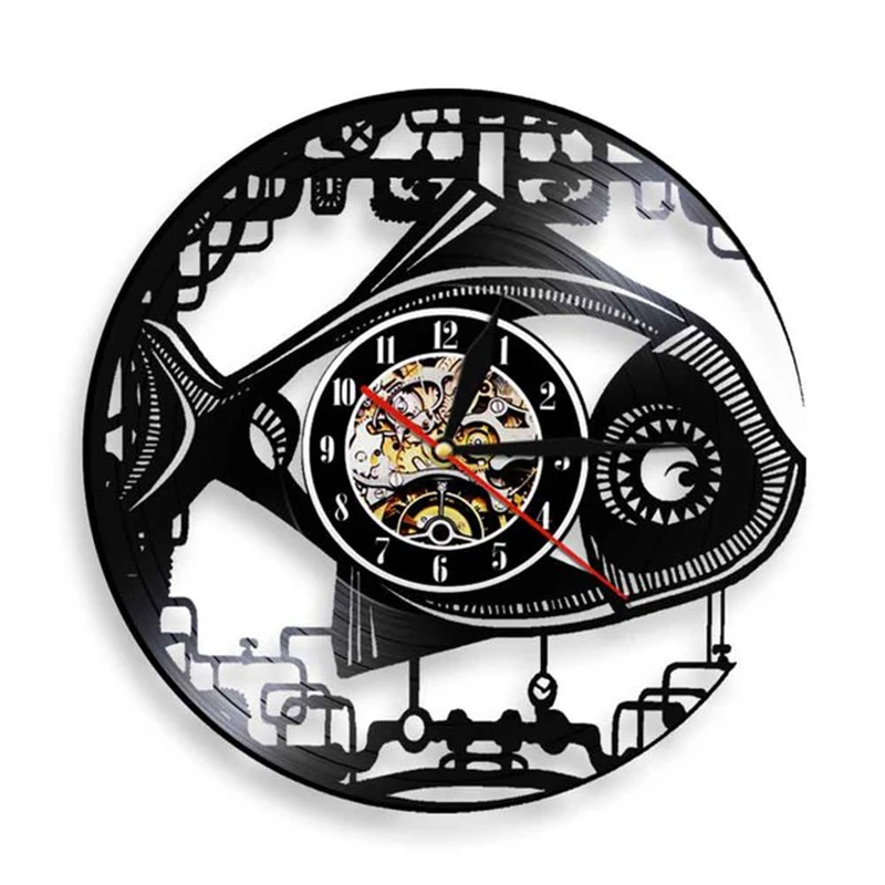 Steampunk Robot Fish Vinyl Record Wall Clock Mechanical Fish Gear Fish Wall Decor Animal Wall Art Hanging Watch Fisherman Gift