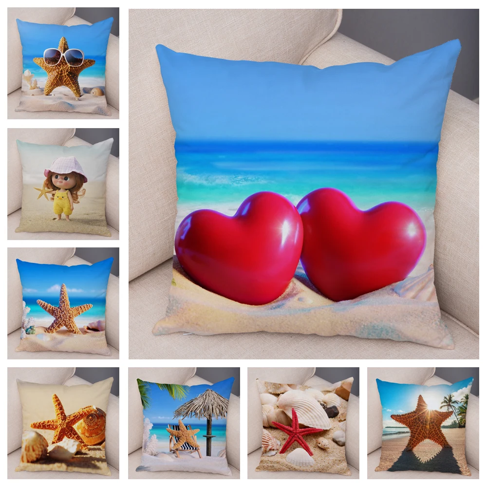 

Sea Star Printed Cushion Cover for Sofa Home Car Decor Beautiful Scenery Pillowcase Super Soft Short Plush Beach Pillow Case